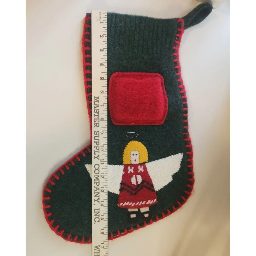 VintageWoolies Felt Christmas Stocking Angel Applique Handmade Primative County